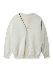 カラフルドット柄とグラデーション樹脂ボタンが特徴のVネックニットカーディガン。男女兼用仕様。