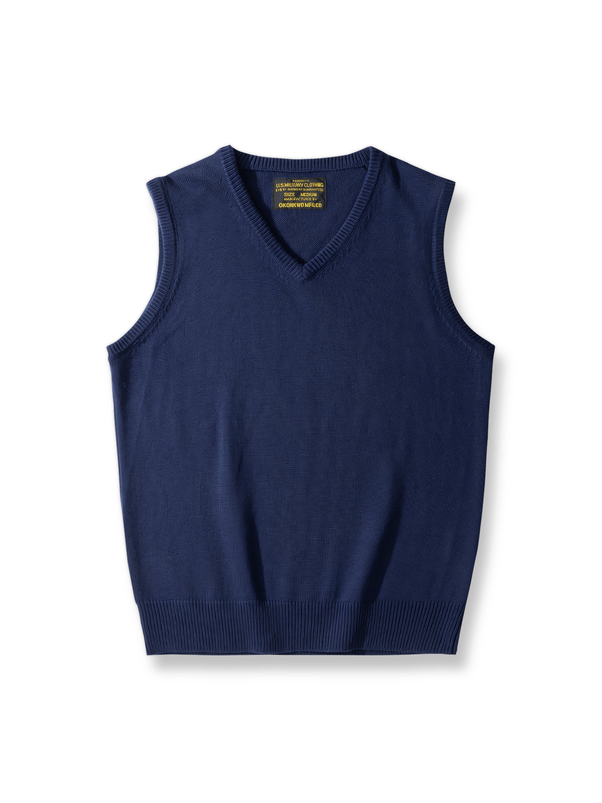 ジャカード編みVネックとリブ裾が特徴のウール混紡ニットベストの全体像。