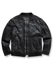 植鞣し羊革とリブスタンドカラーが特徴のショートライダースジャケット。