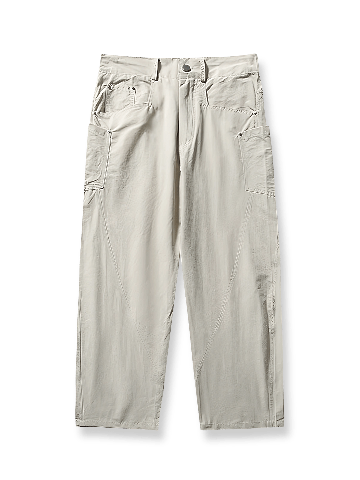 ワイドストレートシルエットと立体サイドポケットを備えたコットンナイロン混紡のカジュアルパンツ。