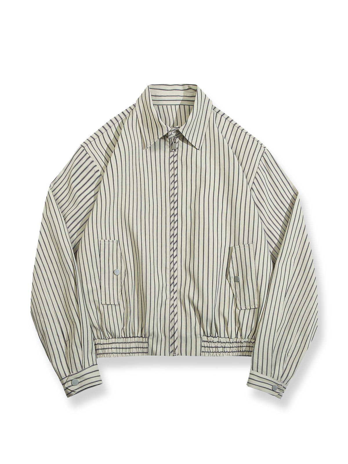 縦ストライプの襟付きジャケットのデザインとシルエットを伝えるイメージ。