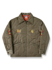 ベトナム戦争ヴィンテージキルト刺繍ジャケットの全体正面画像、虎頭刺繍と龍刺繍のディテール。