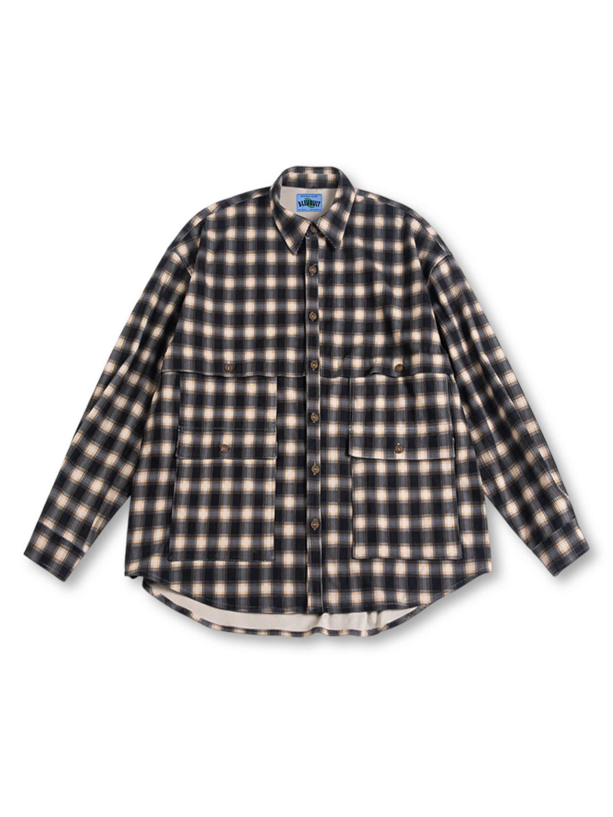 ヴィンテージコーデュロイチェックシャツの全身ビュー、ふんわりとした起毛感とチェック柄を強調。