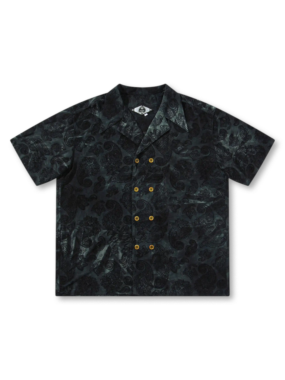 メンズ ヴィンテージ ジャカード 古巴襟シャツ 五分袖 ダークプリント ルーズフィット