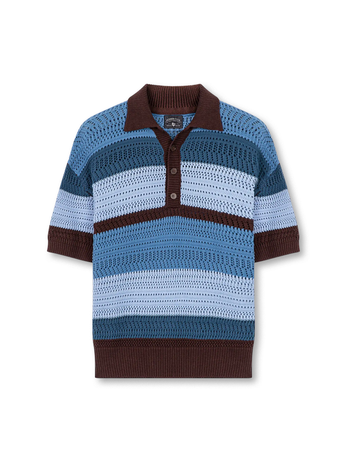 ブルー×ブラウンまたはグリーン×キャメルのストライプが映えるアイレット透かし編みニットポロ