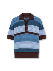 ブルー×ブラウンまたはグリーン×キャメルのストライプが映えるアイレット透かし編みニットポロ