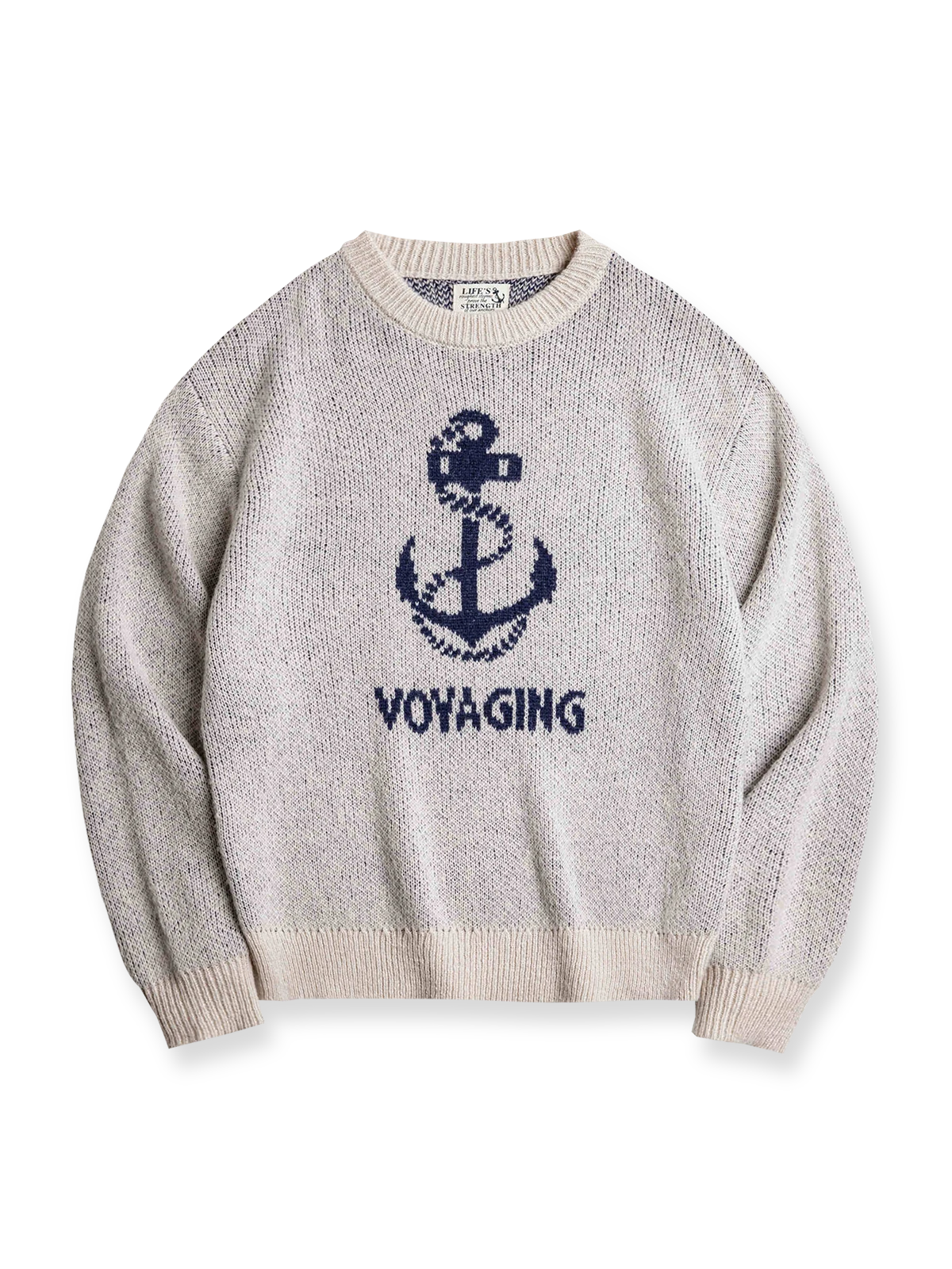 アンカーモチーフのジャカード柄が特徴のウール混紡セーター。防風性リブと立体感ある芝麻地織りで秋冬コーデに最適。