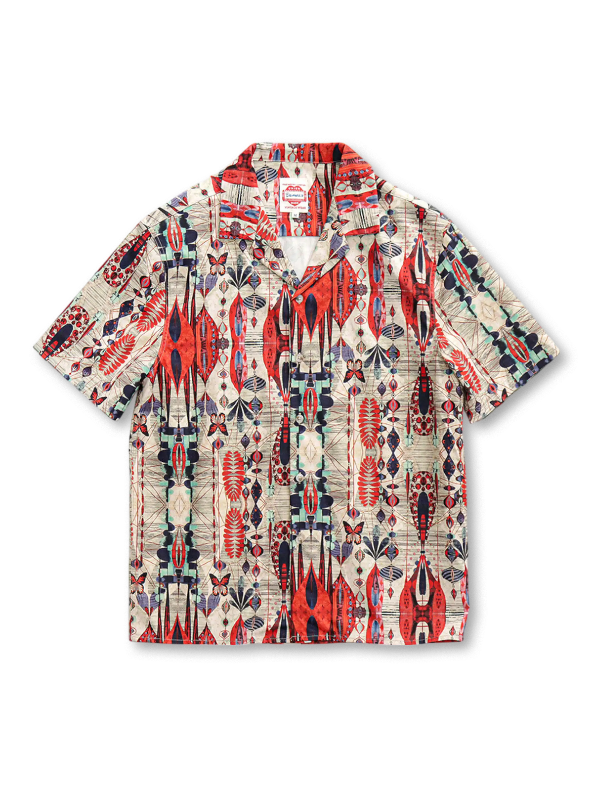 大胆なカラーパレットとヴィンテージサマープリントが特徴のキューバカラーシャツ、通気性の良いポリエステル素材