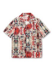 大胆なカラーパレットとヴィンテージサマープリントが特徴のキューバカラーシャツ、通気性の良いポリエステル素材