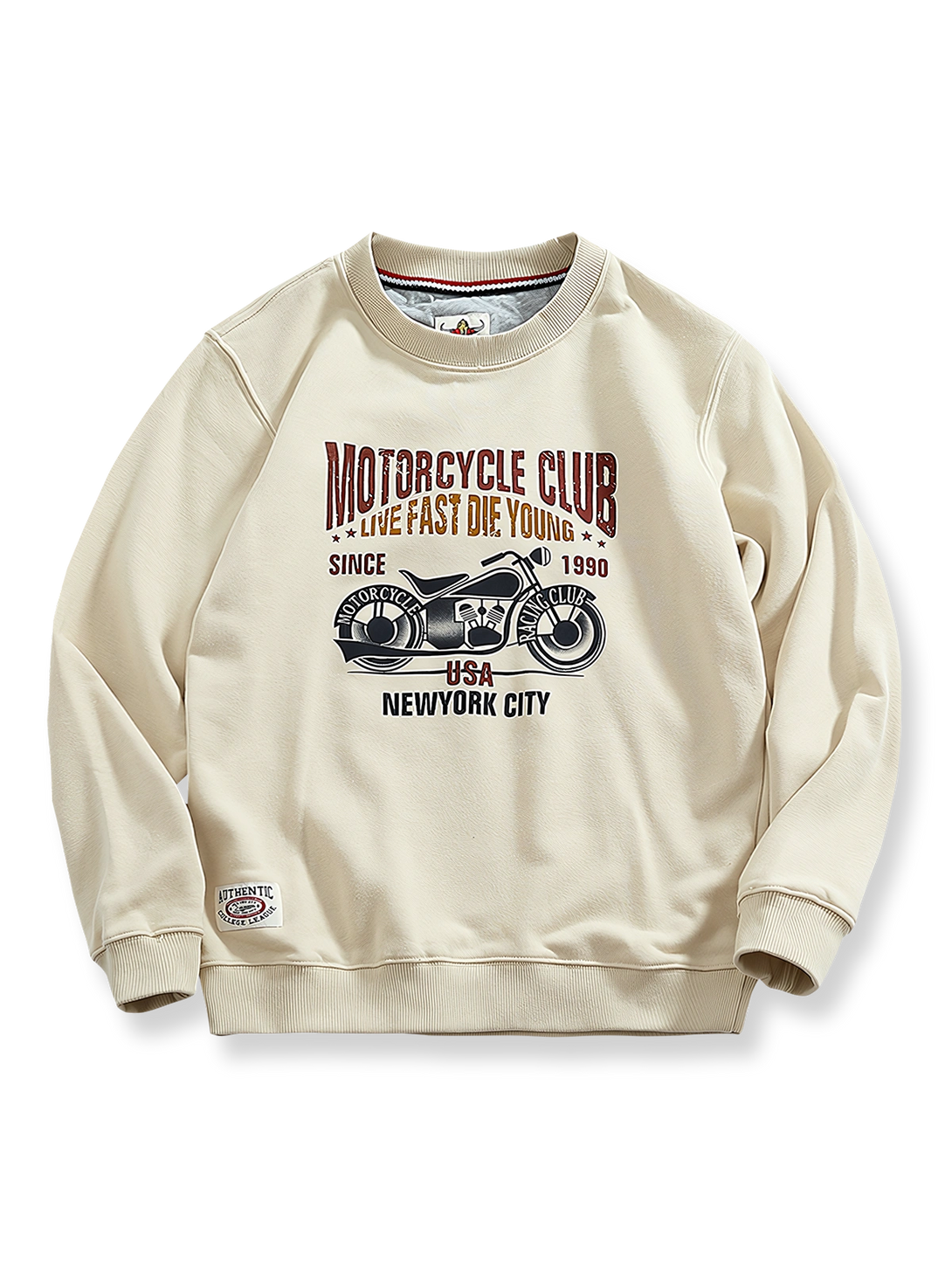 ヴィンテージバイクプリントが映えるクルーネックスウェット