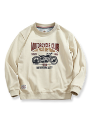 ヴィンテージバイクプリントが映えるクルーネックスウェット