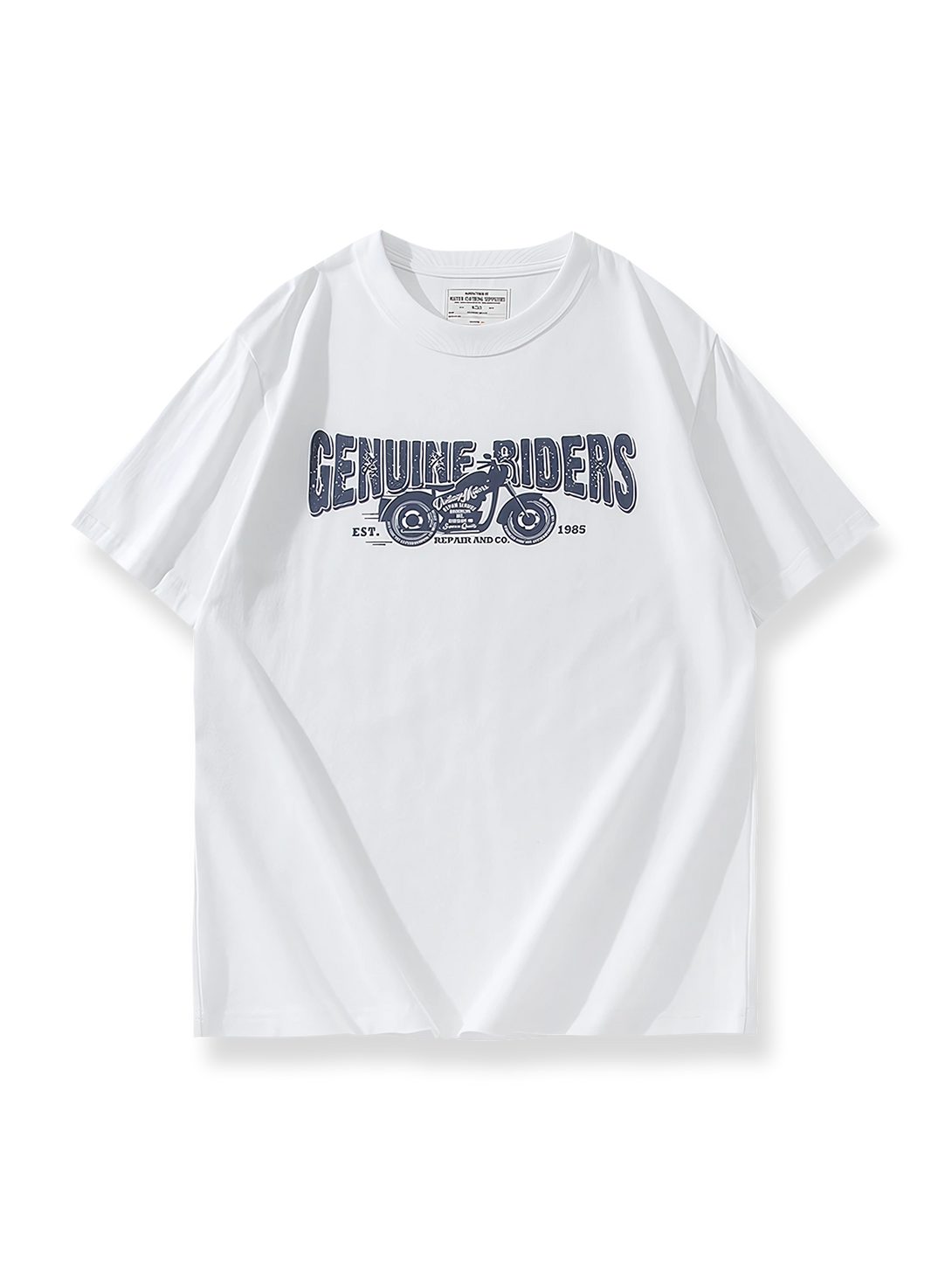 クラシックバイクロゴプリントのダブルヤーンコットンTシャツ。