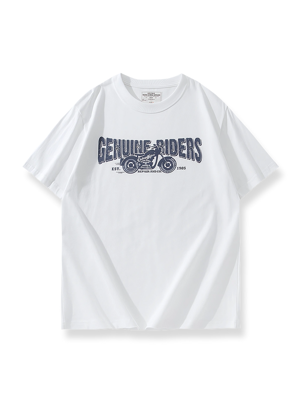 クラシックバイクロゴプリントのダブルヤーンコットンTシャツ。