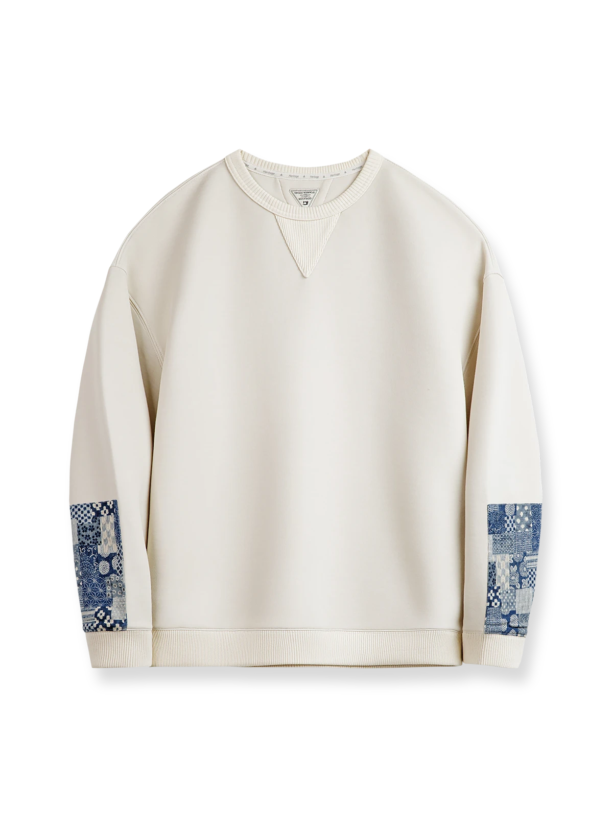 ヴィンテージBOROパッチワークスウェットの全体正面画像、袖肘部分のパッチワークディテール。