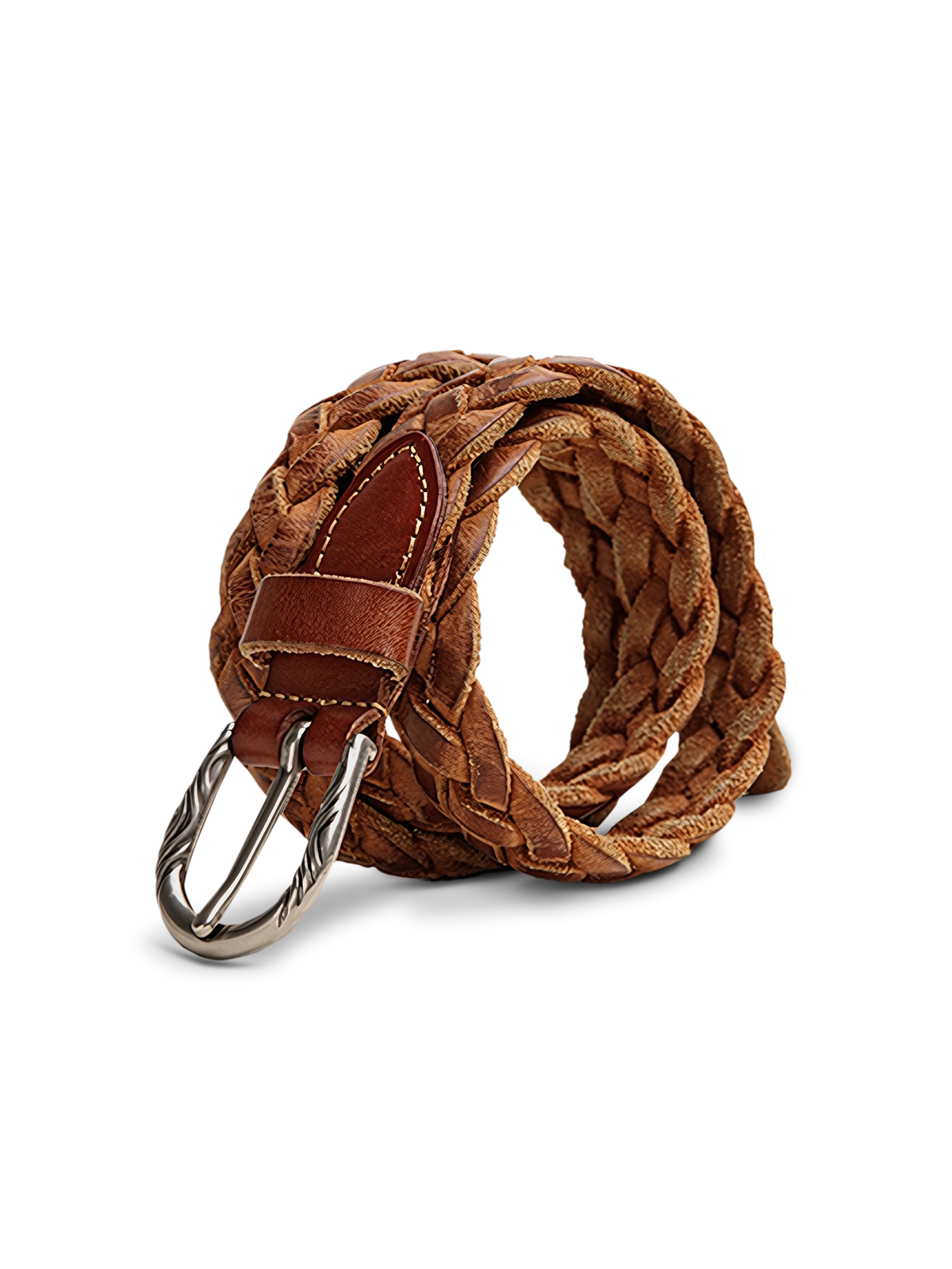 植物鞣し牛革で編み込まれたヴィンテージ風レザーベルト（シルバーピンバックル付き）