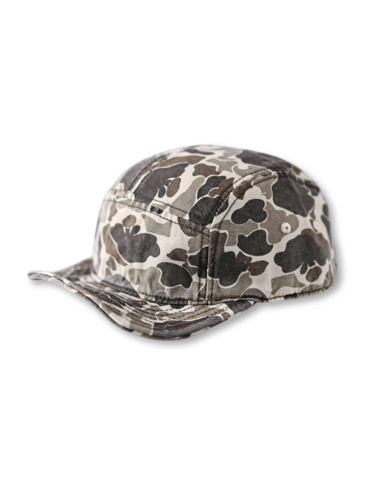 迷彩柄と柔らかいツバが特徴のアメリカンヴィンテージ風ソフトブリムキャップ。調節可能でユニセックス対応。