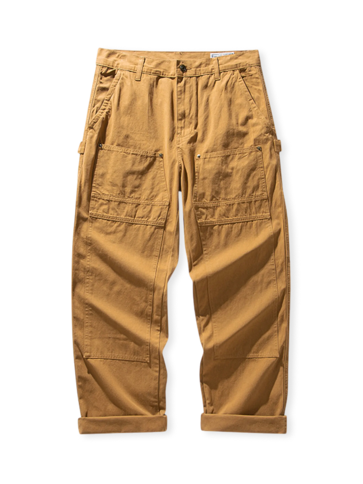 アメリカ鉄道作業員着想の頑丈キャンバス生地ワークパンツ。多機能ポケットと柳釘補強付き。