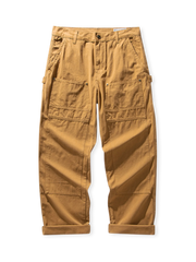 アメリカ鉄道作業員着想の頑丈キャンバス生地ワークパンツ。多機能ポケットと柳釘補強付き。