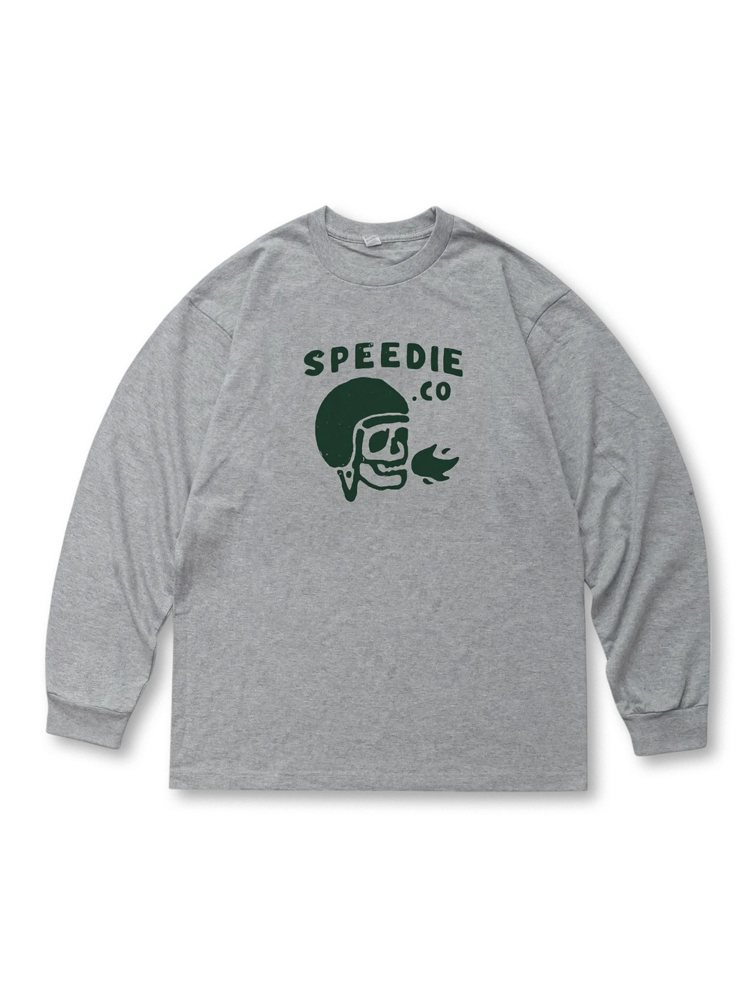 アメリカンストリートカルチャーに着想を得たユーモラスなヘルメットとスカルプリントの長袖Tシャツ。100%コットンで肌触り良く耐久性が高い。工装パンツやデニムと合わせやすいシンプルシルエット。