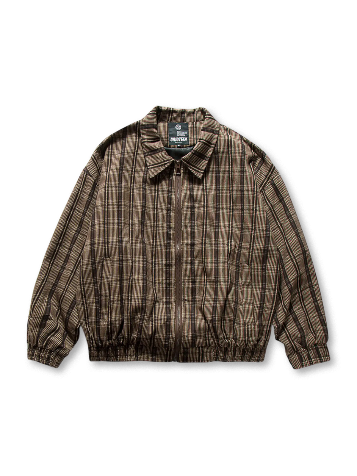 レトロチェック柄とゴム裾が特徴のカバーオールジャケット。ワーク感と快適な着心地を兼ね備えています