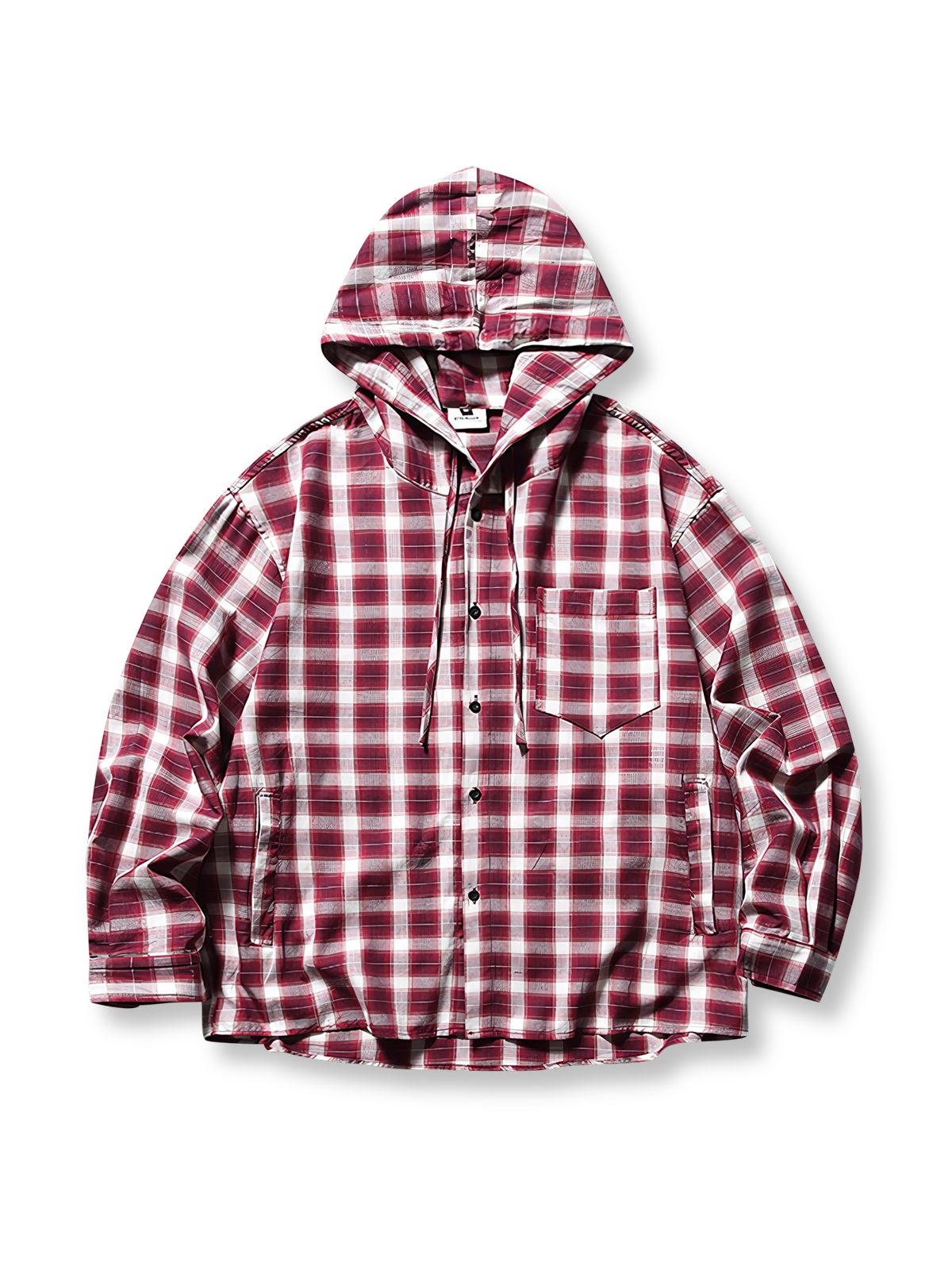 ヴィンテージチェック柄とドローストリング付きフードが特徴のコットンジャケット