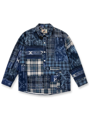 ヴィンテージ風チェックパッチワークプリントが映えるコットン長袖シャツ