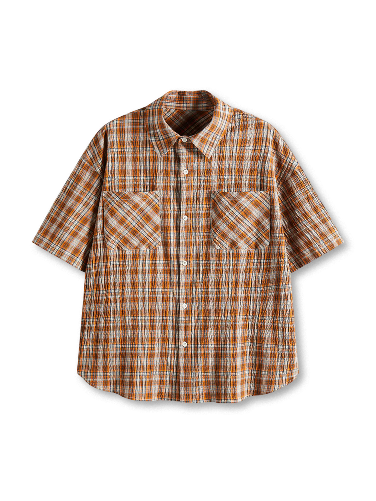 ヴィンテージウォッシュ加工を施した英国クラシックチェックの五分袖シャツ、斜めフラップポケット付き