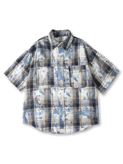 19世紀ミリタリーシャツ由来のチェック柄にインディゴ風タイダイを組み合わせたプリントシャツ