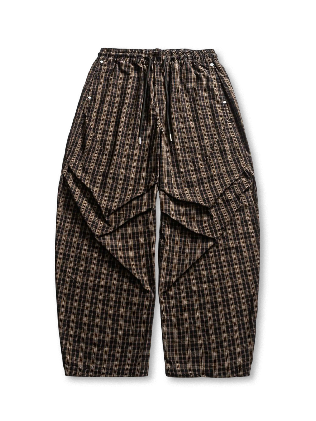 vクラシックチェック柄とゴムウエストが特徴のコットン製ワイドパンツ。快適な履き心地で多様なスタイルに対応