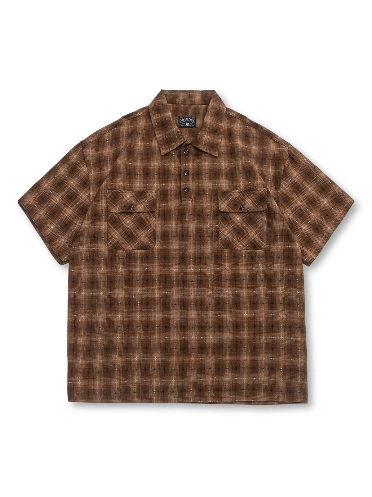 ブラウン系チェック柄とフラップポケットが特徴のワークポロシャツ