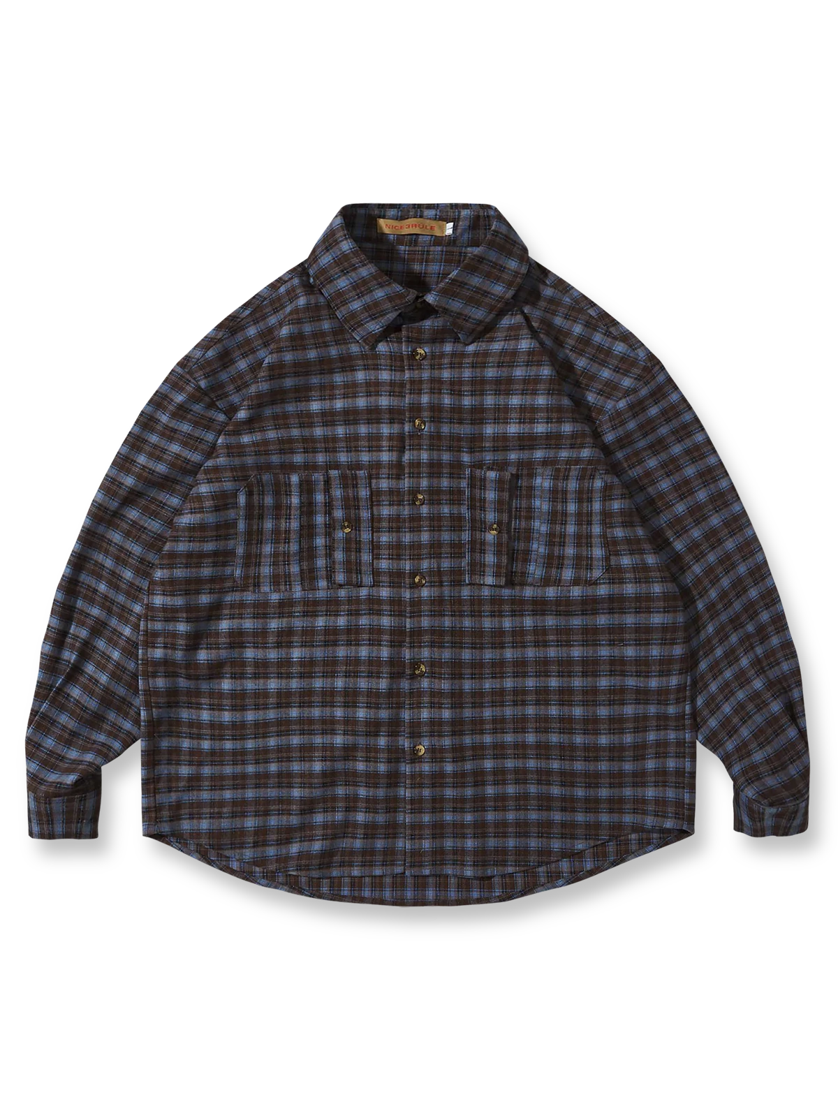 ブルー＆ブラウン、イエロー＆ブラウンのチェック柄が特徴のヴィンテージ風シャツ。アコーディオンポケットとラウンドヘムデザインを備え、ルーズフィットシルエットで快適な着心地。秋冬のカジュアルスタイルに最適。