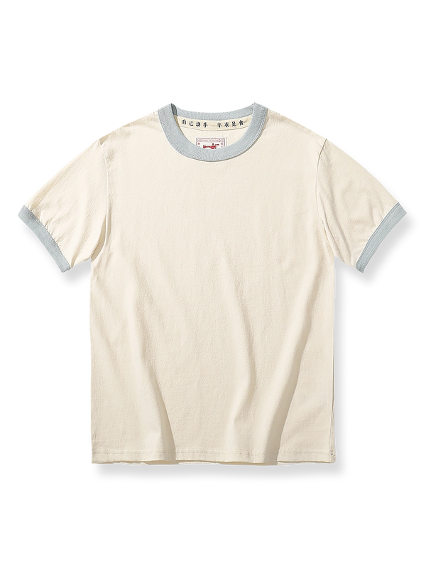 レトロなカラー配色のヴィンテージ風クルーネック半袖Tシャツ