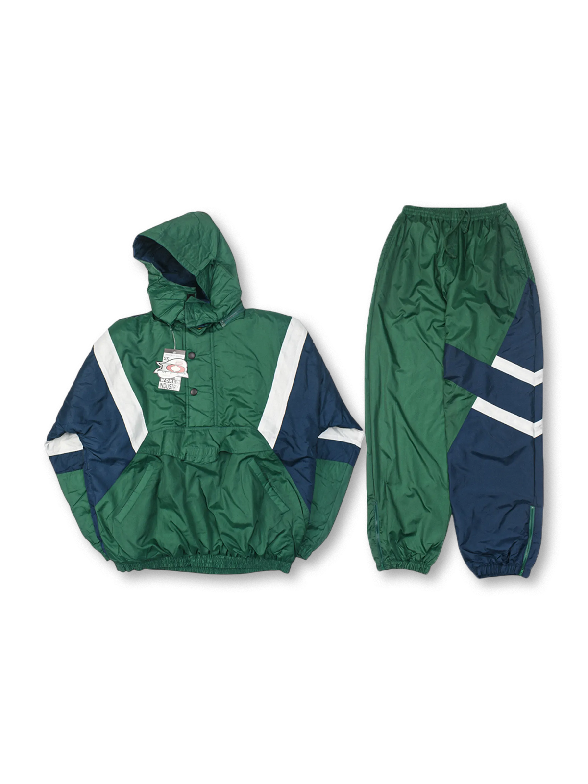 80年代風カラーブロックデザインのナイロン中綿セットアップ。快適で保温性に優れたスポーティなヴィンテージスタイル。