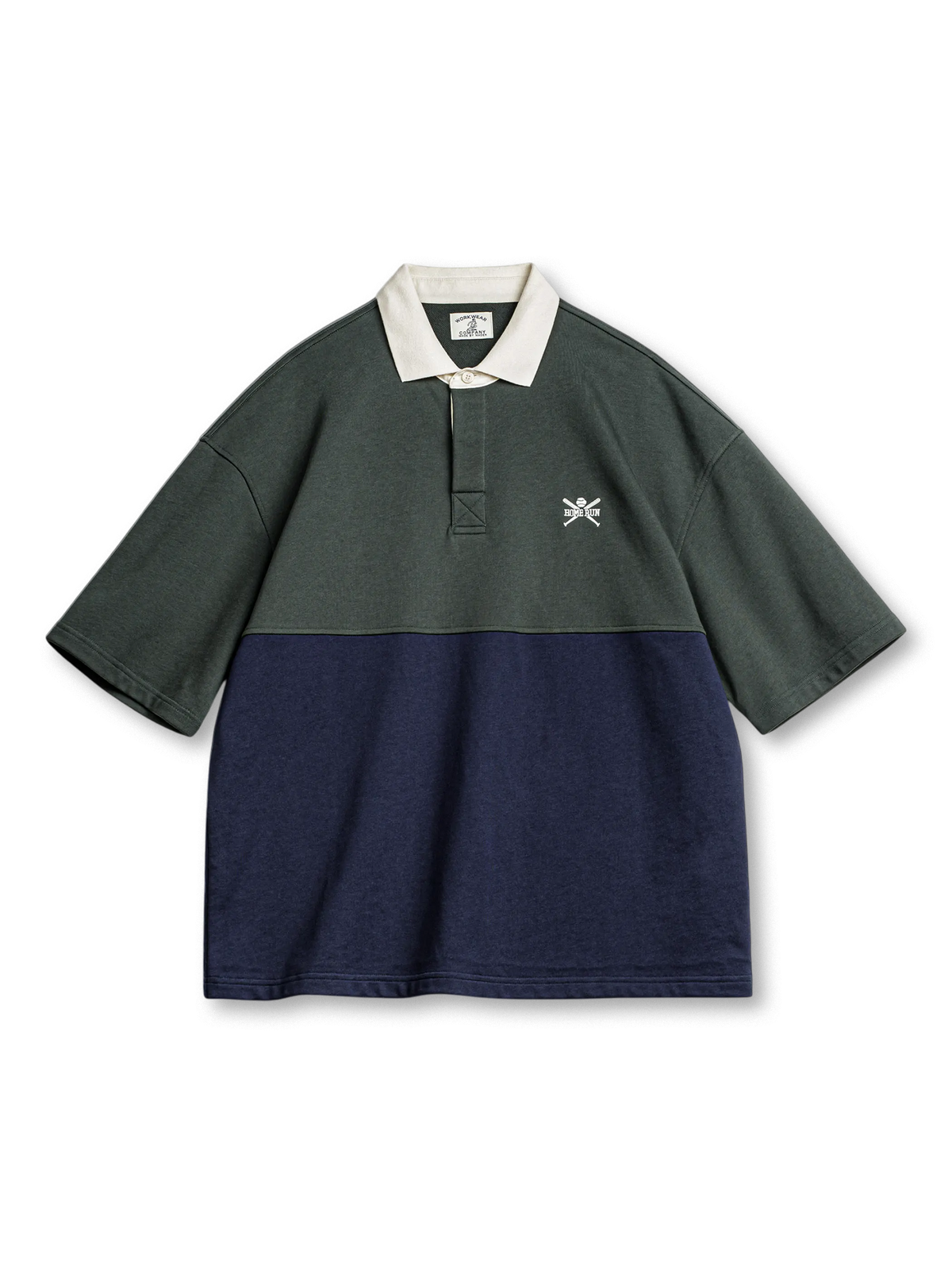 「HOME RUN」刺繍とバイカラー切り替えが特徴のヴィンテージポロシャツ