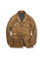 バッファローホーンボタンとチェック裏地が特徴のコーデュロイハンティングジャケット。