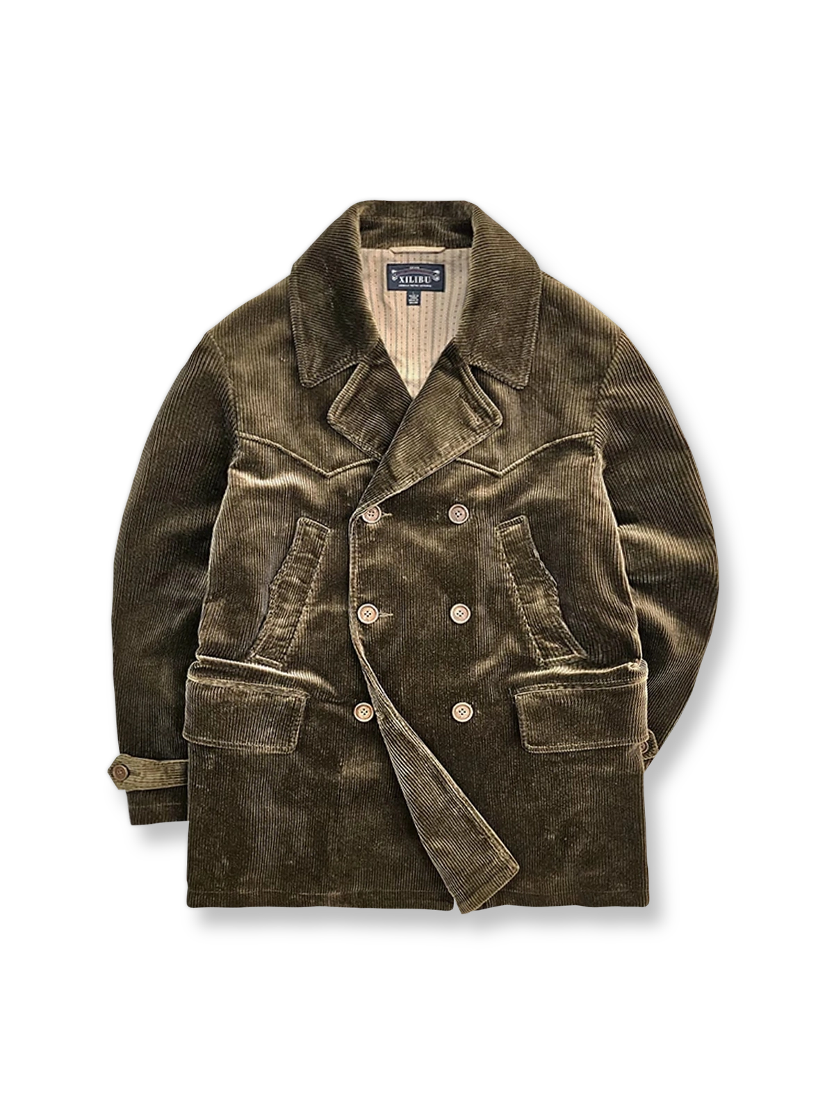 コーデュロイ素材のミディアム丈ダブルブレストジャケット。牛角シンカーボタンと柔らかな保温性が特徴。