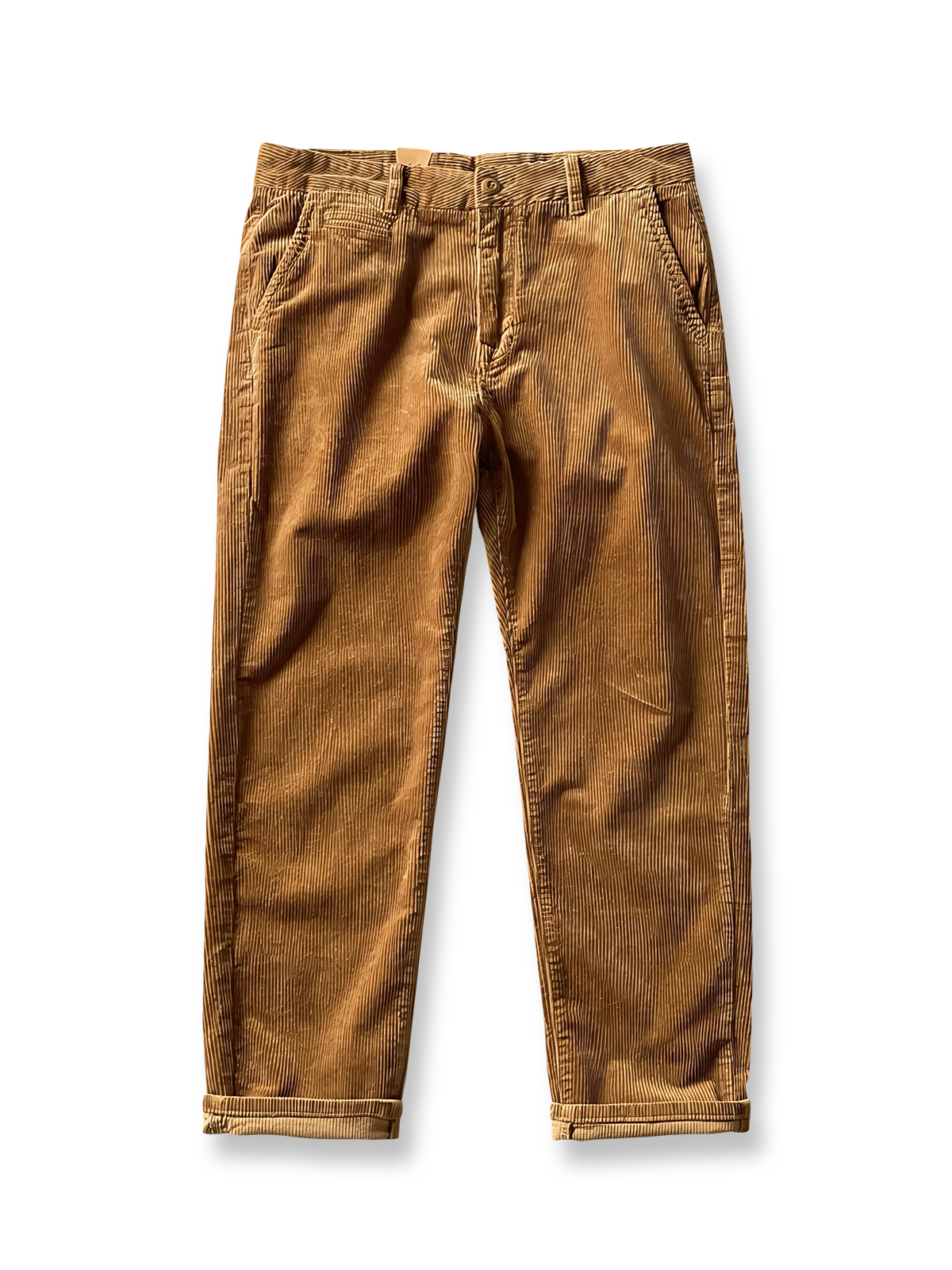 ヴィンテージコーデュロイストレートカーゴパンツの全体正面画像、高密度コーデュロイと二重補強バックポケットのディテール。