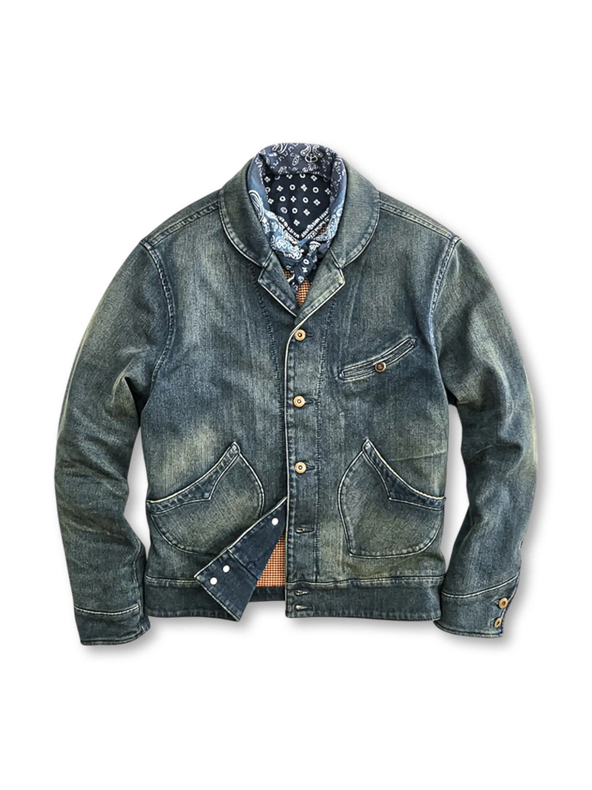 実用性と経年風色落ちが特徴の全綿デニムジャケット。大きめシルエットでアウトドアや日常に最適。