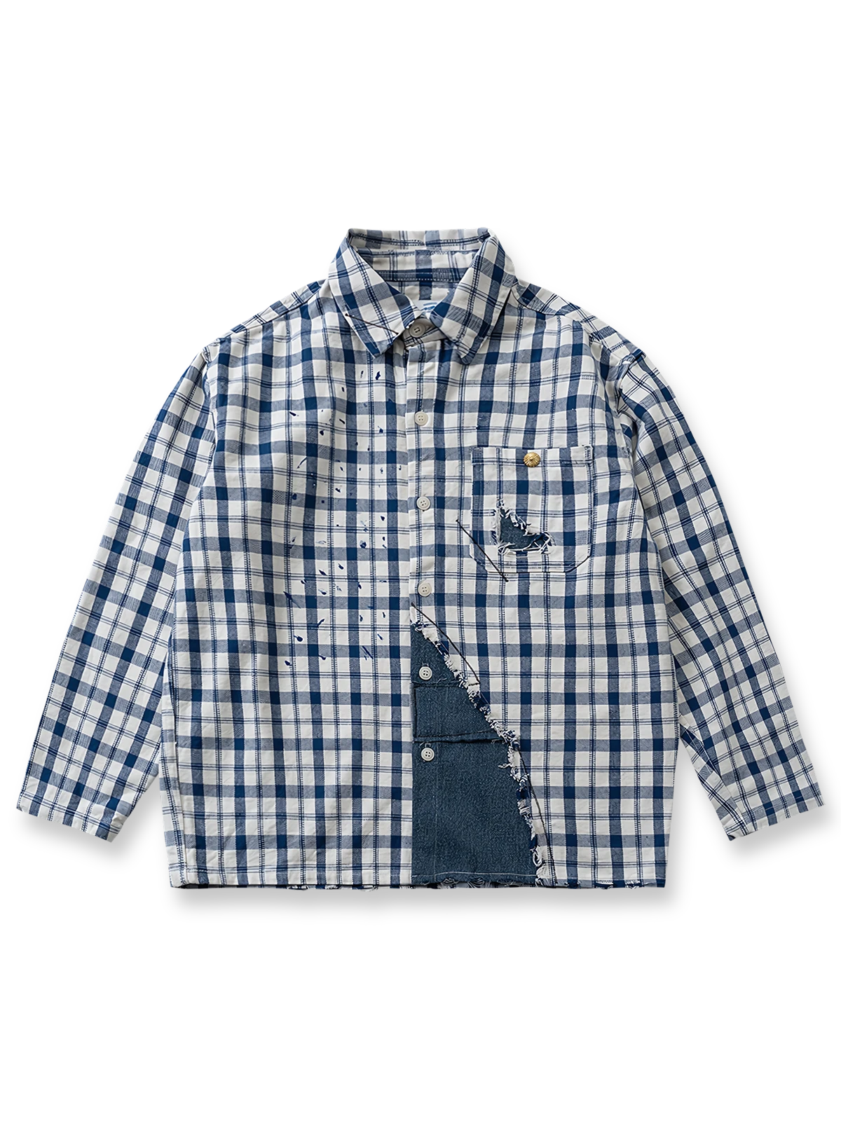 デニムパッチワークとペイントチェックが特徴のヴィンテージ風シャツ。