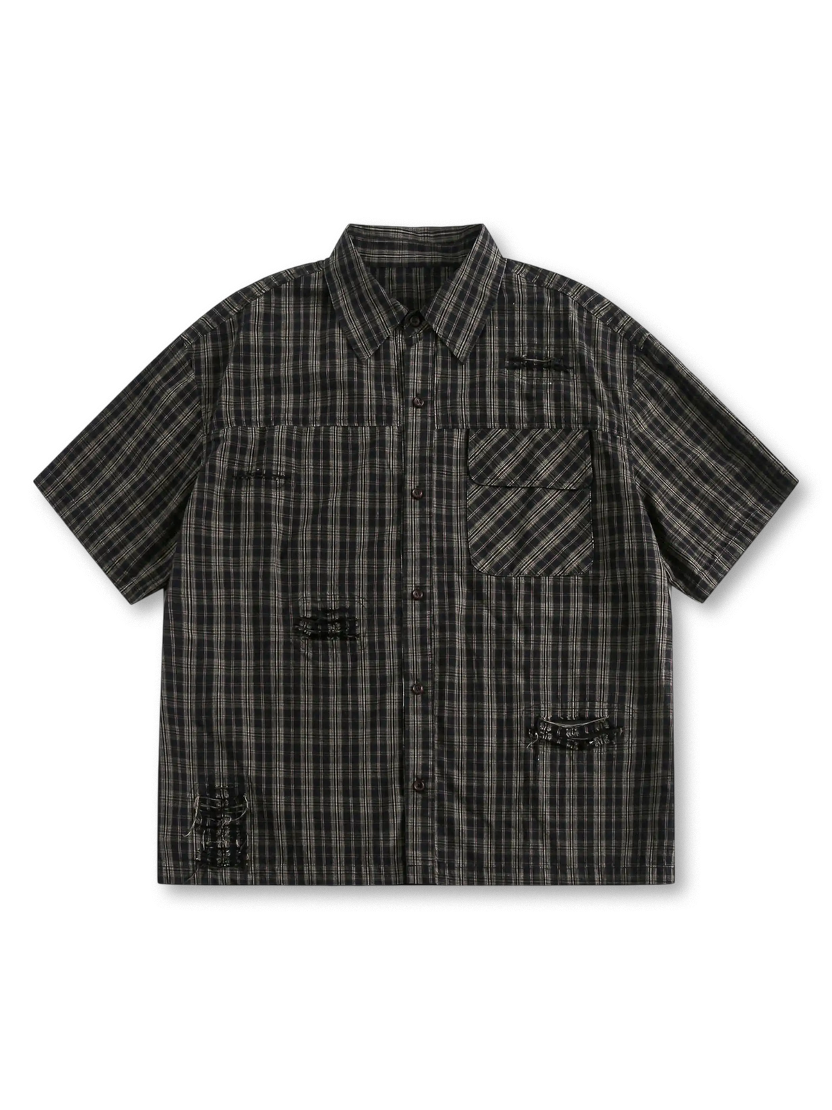 擦り切れダメージと深いチェック柄が特徴のヴィンテージワークシャツ、中厚コットン素材使用