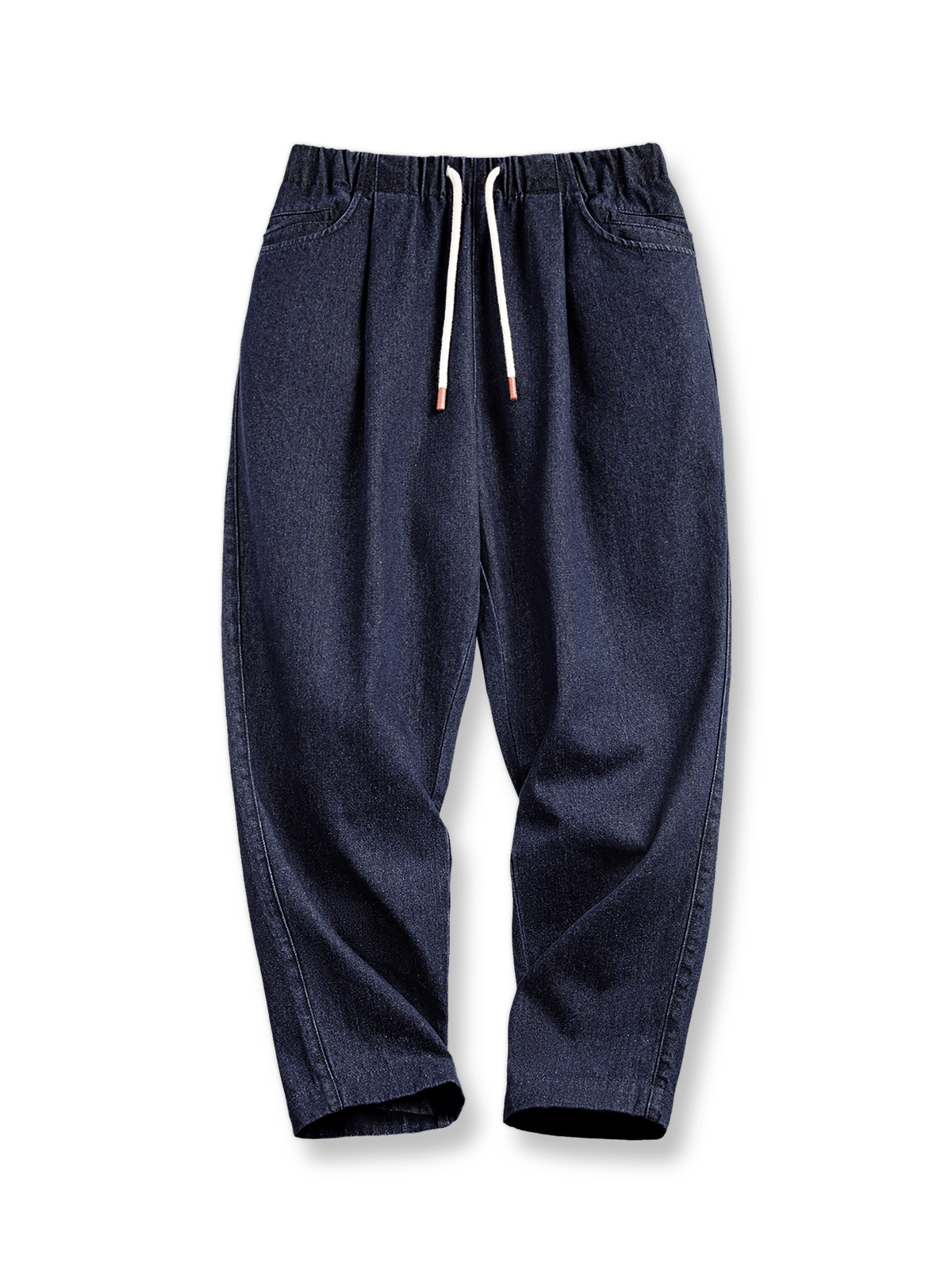ウエストゴムとリブ裾、立体カッティングが特徴のヴィンテージデニムジョガーパンツの全体像。