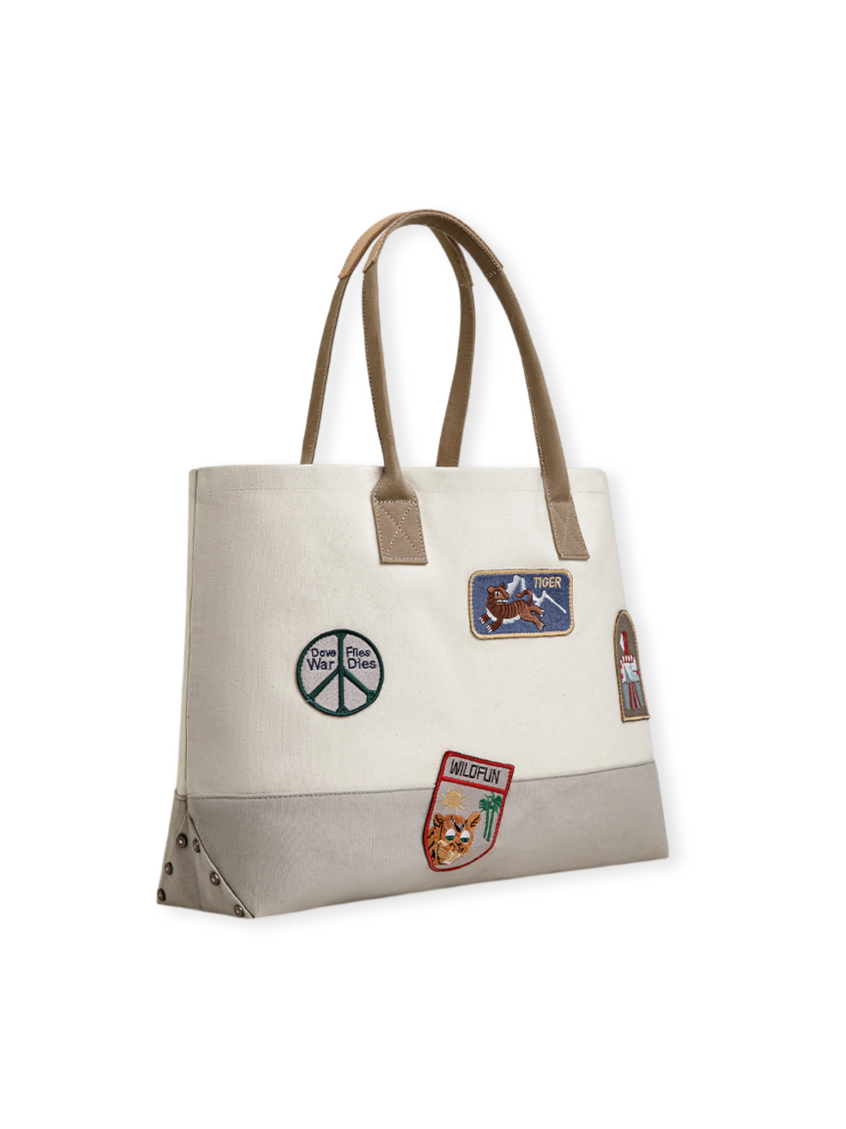 4種類のヴィンテージ刺繍章が施されたアメリカンワークウェア風トートバッグ。トップグレインレザーハンドルと堅牢なキャンバス生地が