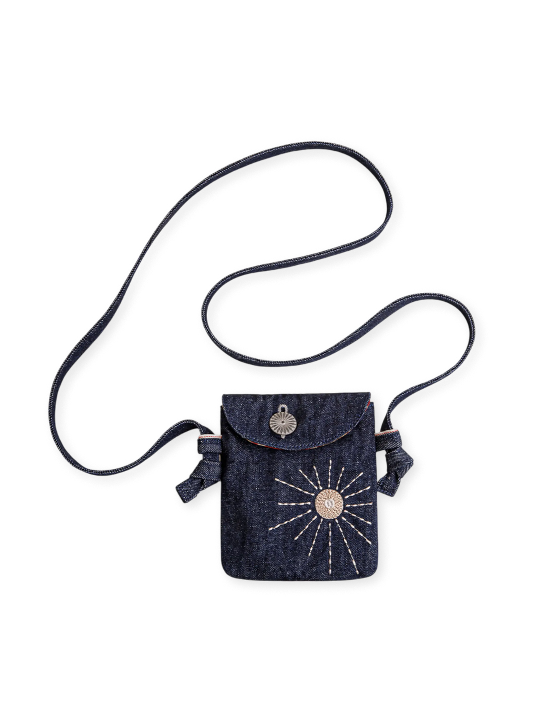 アメリカンヴィンテージ刺繍デニムショルダーバッグ。インディアン風太陽刺繍とナバホ風パッチワークライニングが特徴。