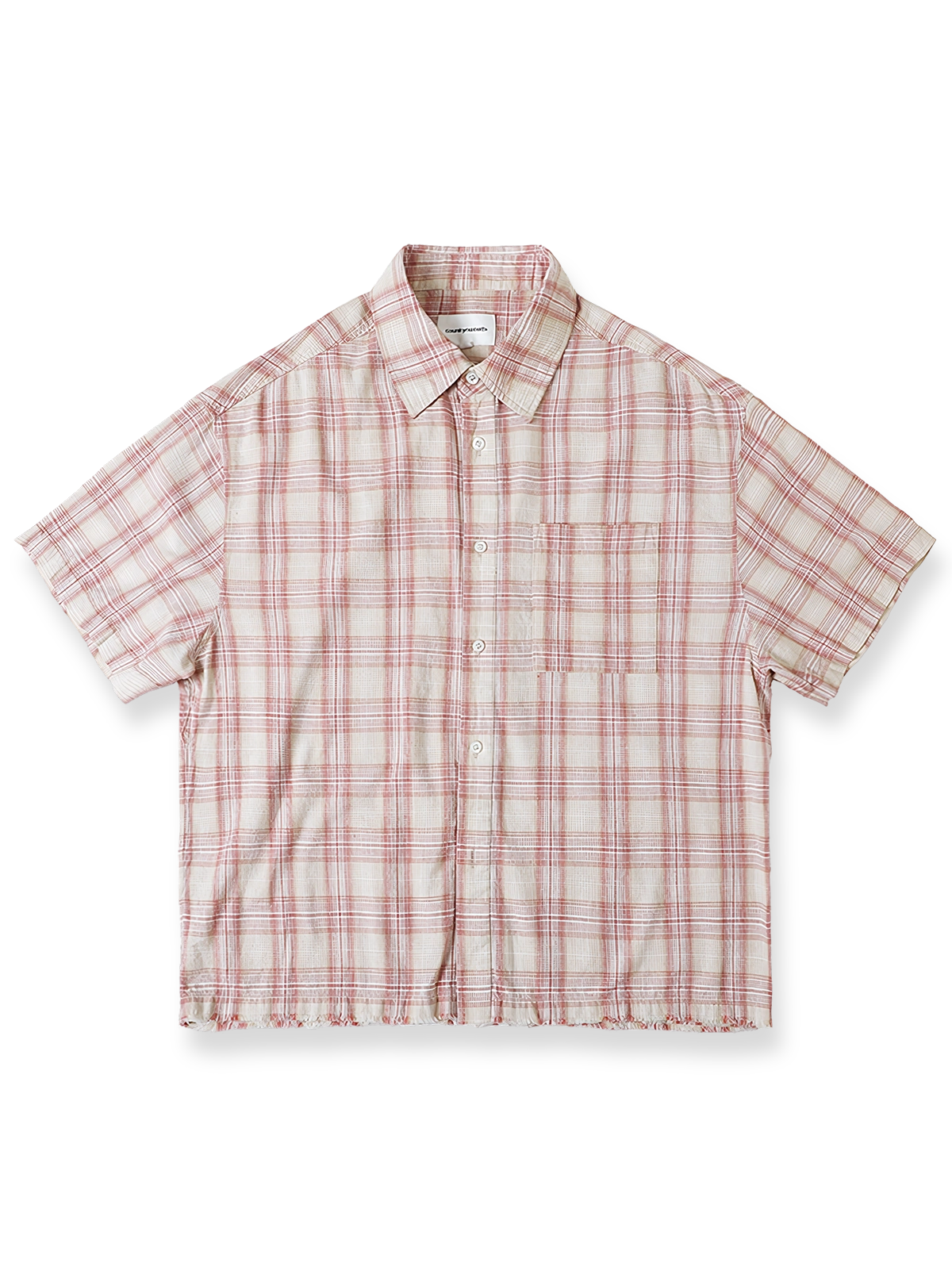 裾フリンジ付きヴィンテージチェック柄半袖シャツ。