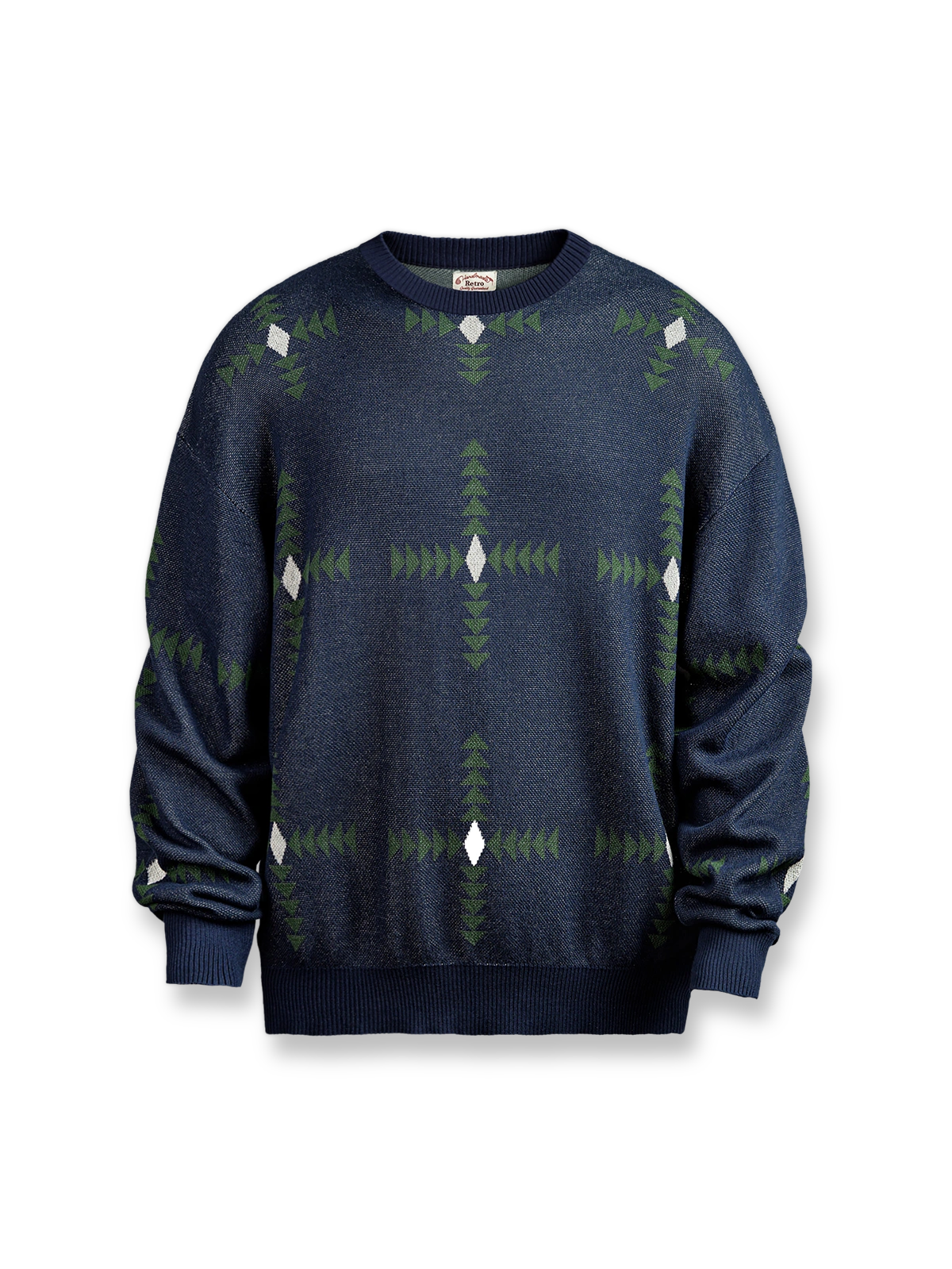 ヴィンテージ風の幾何学柄をあしらった21/1NM捻りリネン風ニットセーター。ビスコース×ナイロン混紡のオーバーサイズデザイン。