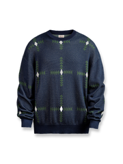 ヴィンテージ風の幾何学柄をあしらった21/1NM捻りリネン風ニットセーター。ビスコース×ナイロン混紡のオーバーサイズデザイン。