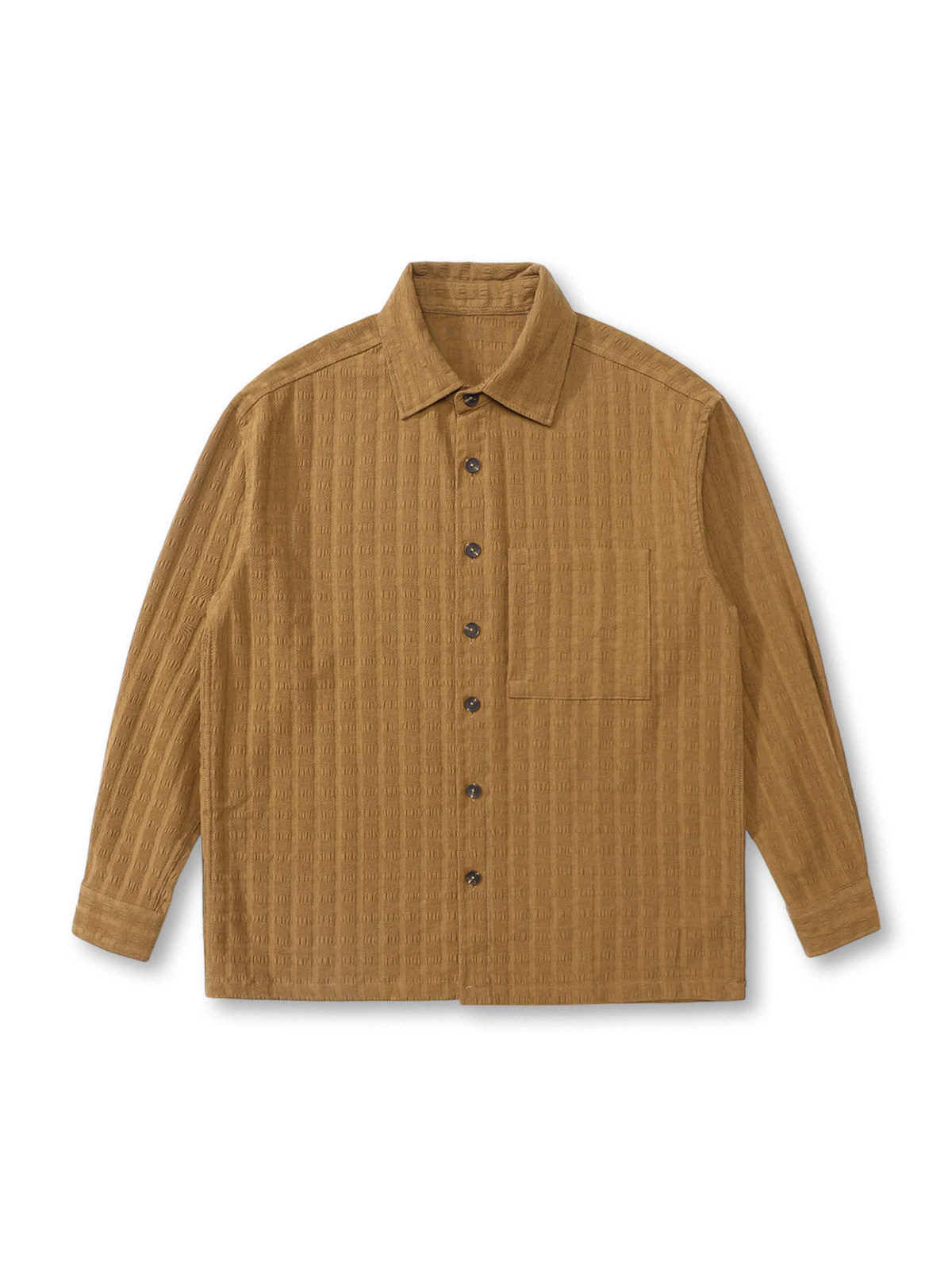 ウォッシュ加工された毛織複合素材のヴィンテージジャカードグリッドシャツカーデ。