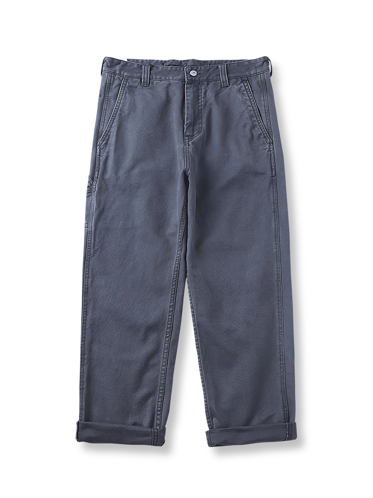 6ポケットとYKKジッパー、重ねポケットが特徴のヴィンテージ風コットンワークパンツの全体像。