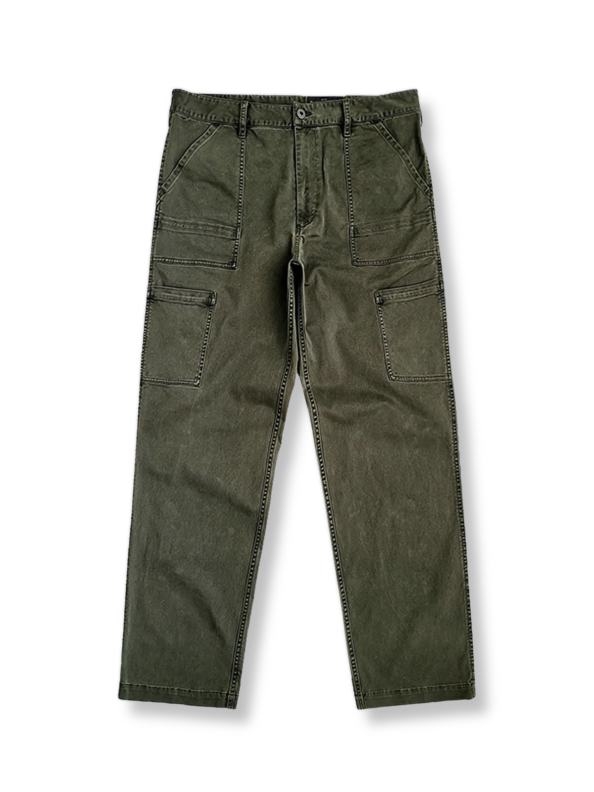 ミリタリーグリーンのウォッシュ加工生地と多ポケットが特徴のヴィンテージワークパンツの全体像。