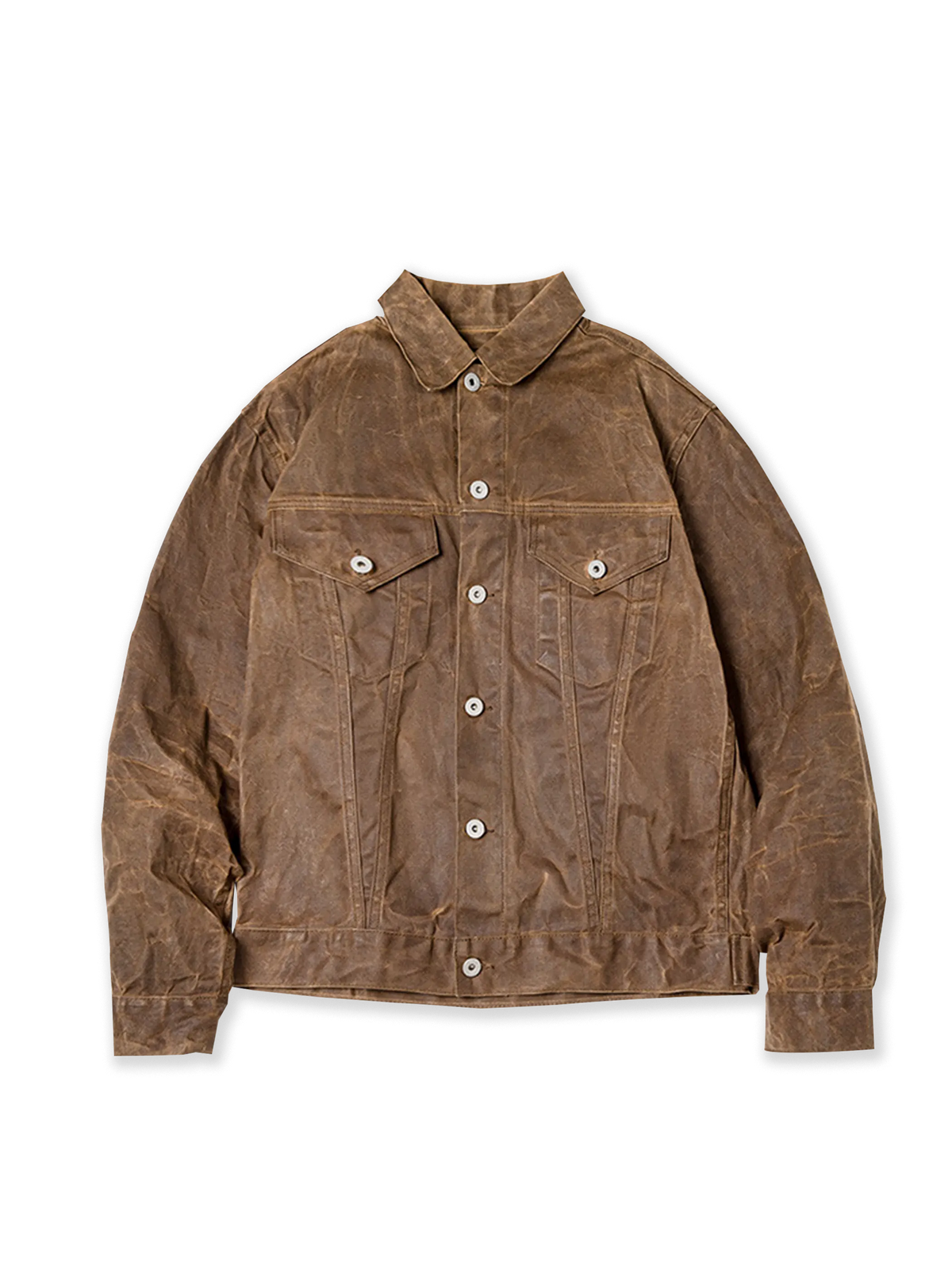 高密度コットンキャンバスに伝統的なオイルド加工を施したヴィンテージワークジャケット。Levi’s 3rd型デニムジャケットをベースに実用的なポケットと補強ステッチを配し、耐久性と無骨なデザインが特徴。経年変化で柔らかく馴染む。